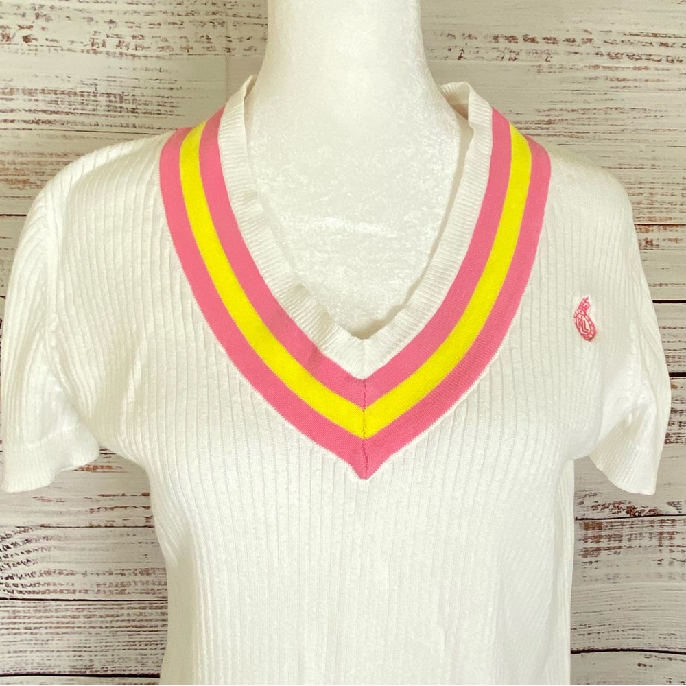 Lauren Ralph Lauren Active Womens Medium V-Neck Cotton Top White Pink